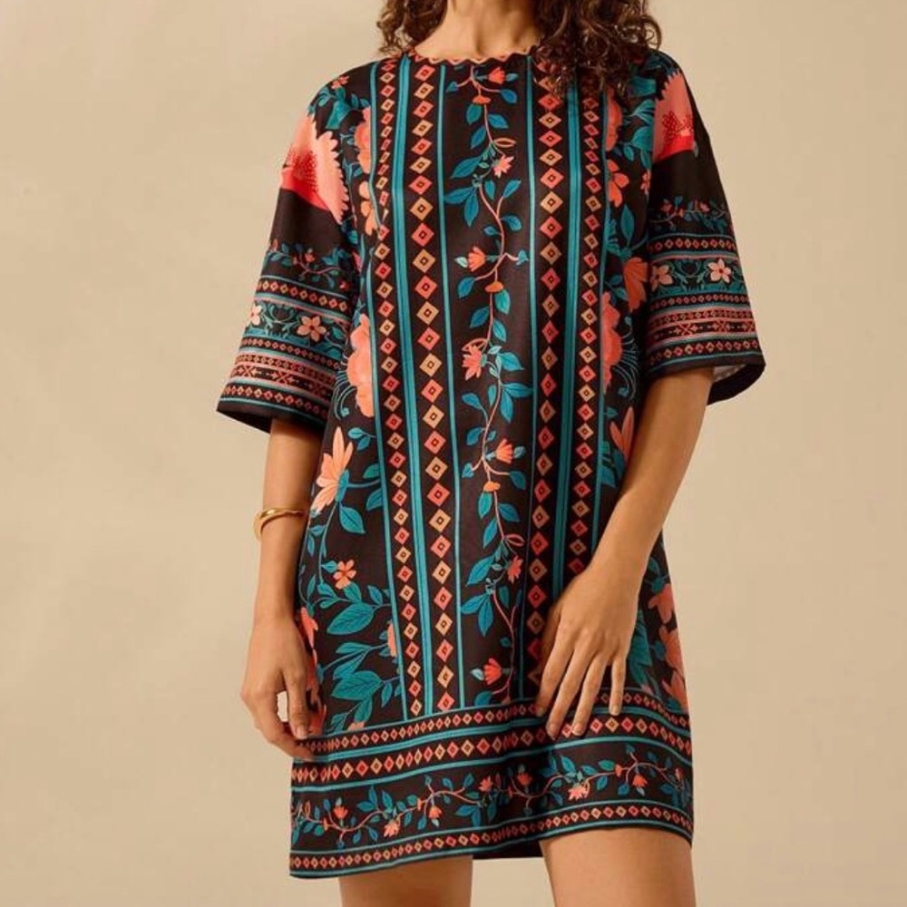 Floral Stripe Shift Dress in Coral & Teal